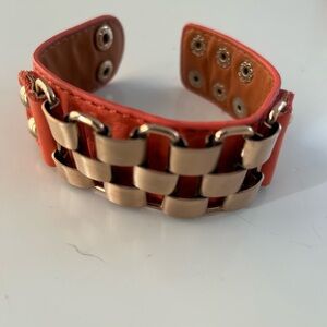Coral Rock Punk Leather Cuff Bracelet with Gold Chain Accent; Adjustable